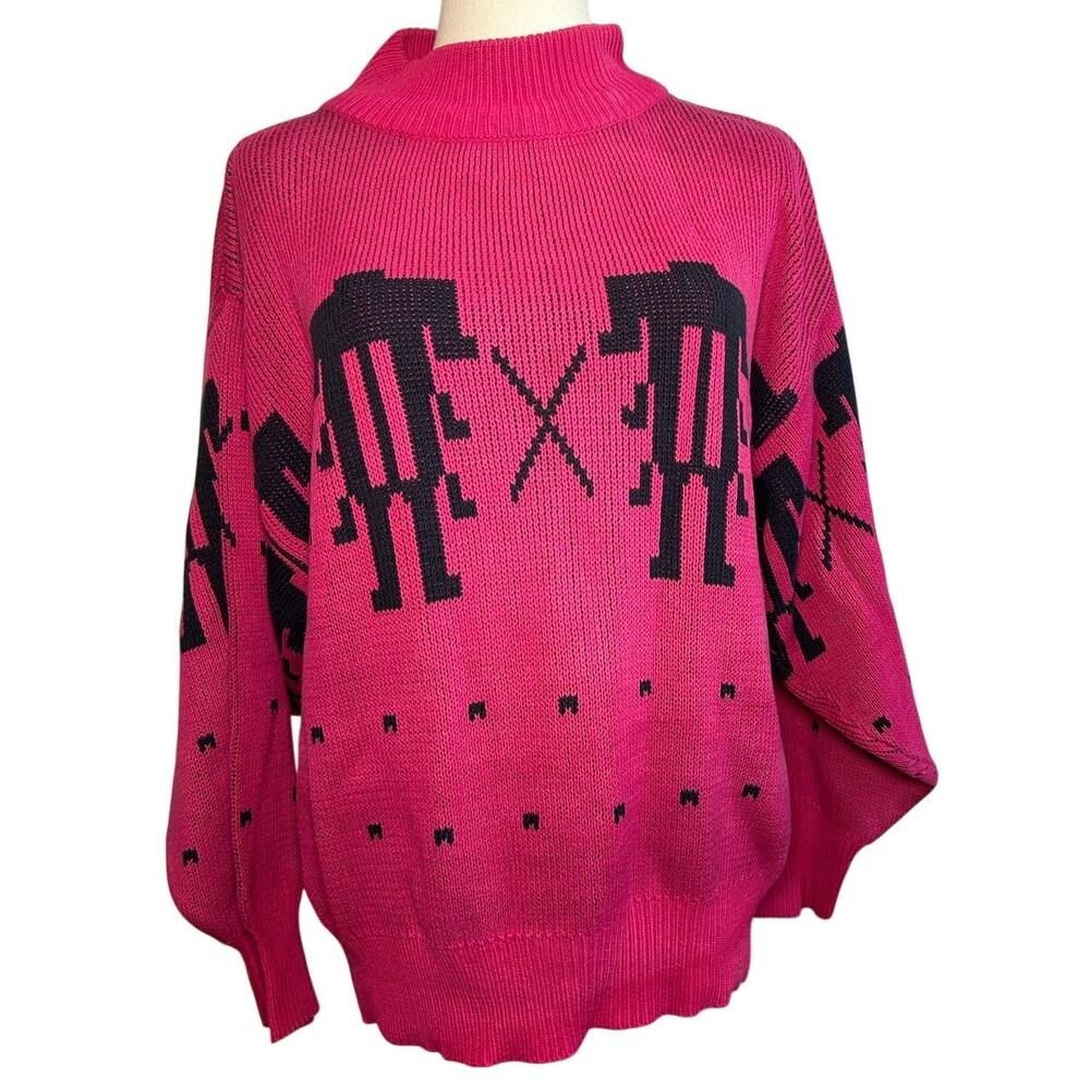 VTG 90s Brass Plum Pink Black Cotton Mock Neck Batwing Sweater Whimsigoth Grunge